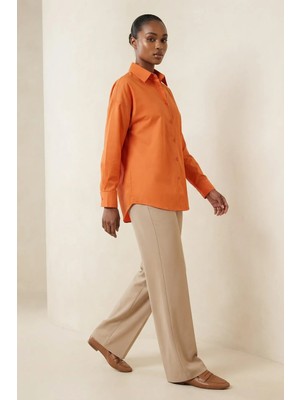 Hiccup Kadın My Fashıon Düğmeli, Uzun Kolu Rahat Kesim Poplin Gömlek Balkabağı Portakalı
