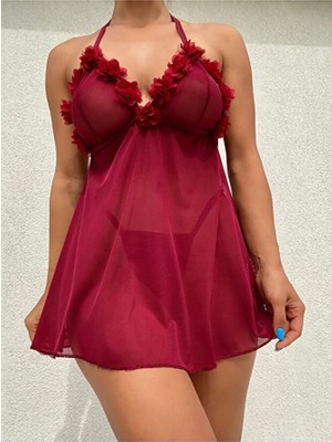 Luminur Siyah Kadın Göğüs Işlemeli Fantezi Gecelik Tanga Takım