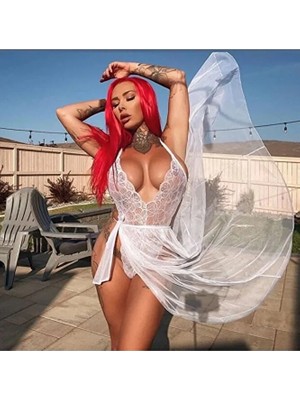 Luminur Kırmızı Dantel Sitring Body ve Midi Boy Tül Gecelik