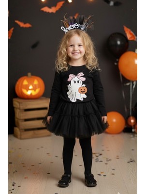 Le Mabelle Siyah Sevimli Hayalet Baskılı Halloween Kız Çocuk Tişört