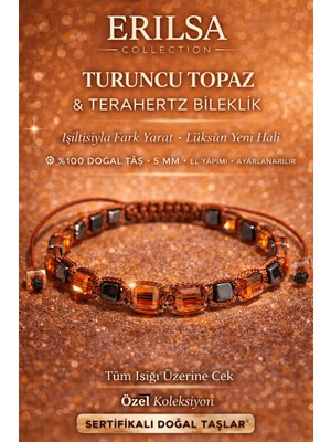 Erilsa Sertifikalı Doğal Taş Turuncu Topaz Terahertz Bileklik Küp Kesim Fasetli Parlak Şık Bileklik Unisex Ayarlanabilir