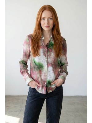 Hiccup Kadın My Fashıon Soyut Baskılı Düğmeli Uzun Kollu Gömlek Macenta Pembesi