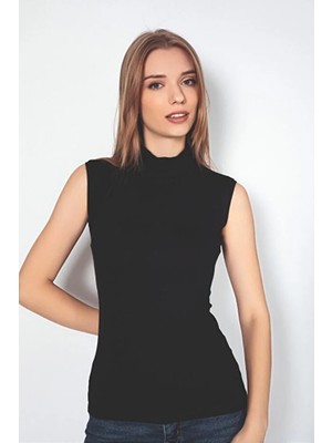 Luminur Kadın Sıfır Kol Boğazı Balıkçı Yaka Body Badi Siyah Beyaz