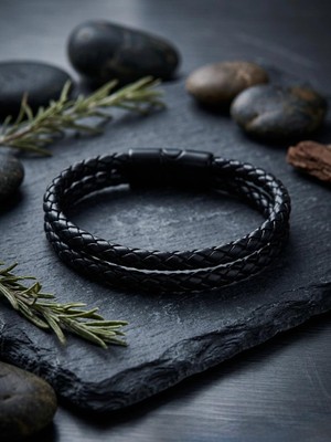 Generic Erkek Siyah Hakiki Deri Örgü Bileklik - Çelik Manyetik Klipsli Ikili Dolama El Yapımı Vintage Tasarım