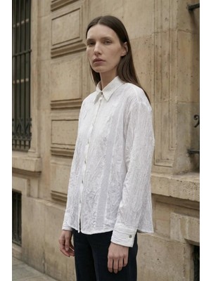 Hiccup Kadın My Fashıon Düğmeli Uzun Kollu Dokulu Gömlek Beyaz