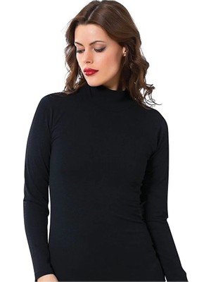 Luminur Kadın Balıkçı Yaka Uzun Kol Siyah Beyaz Badi (Boğazlı)