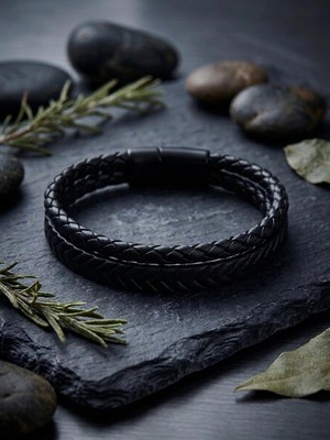 Generic Erkek Siyah Hakiki Deri Bileklik - Chevron Desenli ve Örgü Detaylı Ikili Sarmal Çelik Manyetik Klipsli Tasarım