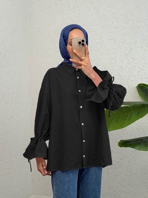 Modamorfo Kolu Büzgülü Arkası Piliseli Gömlek  -Siyah