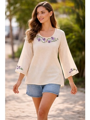 Tosbik Otantik Tosbikotantik Kişiye Özel Tasarım Şile Bezi Kanaviçe Işlemeli Uzun Kollu Bluz