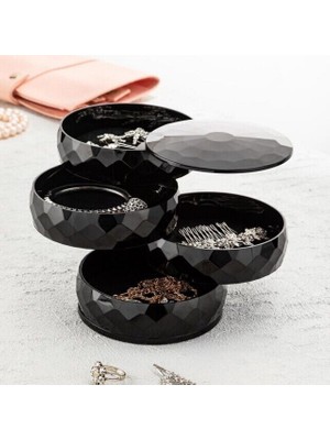 My Best Store 360 Derece Dönebilen 4 Katlı Takı - Toka - Küpe-Bileklik Organizer - Siyah