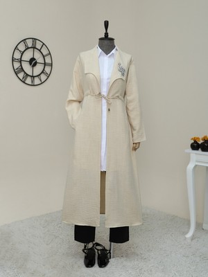 Modamorfo Taş Işlemeli Belden Büzgülü Keten kap -Bej