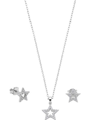 Oya Silver Minimal Zirkon Taşlı Içi Boş Yıldız Gümüş Set Takım [OYSY263]