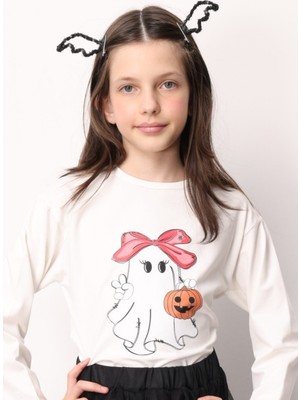Le Mabelle Beyaz Sevimli Hayalet Baskılı Halloween Kız Çocuk Tişört