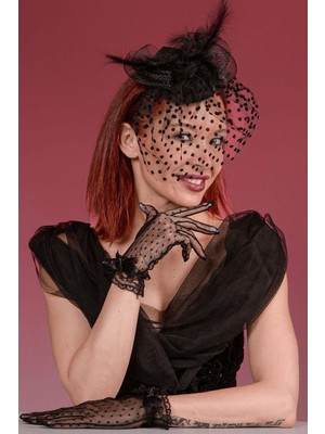 Sed da Exclusive Siyah Puanlı  Gelin  Kepi  Nikah   Şapkası ve   Puanlı  Eldiven   Kombin   Set