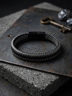 Generic Erkek Lüks Örme Deri Bileklik - Gri & Siyah Karbon Görünümlü El Örmesi Manyetik Geçmeli Çelik Tokalı Modern Tasarım