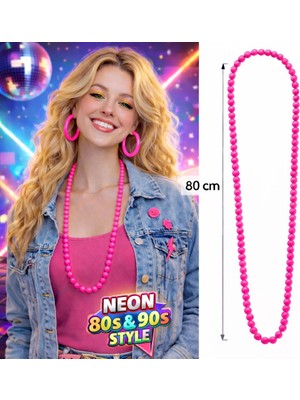 Eco Lounge Neon Pembe Boncuk Kolye 80 cm – Retro 80’ler 90’lar Parti Aksesuarı