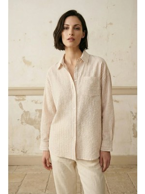 Hiccup Kadınlar MY FASHION Çizgili Keten Düğmeli Gömlek Kırmızı