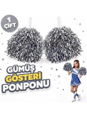 SHC4200 1 Çift Gümüş Renk Okul Gösteri Ponponları Ekstra Dolgun