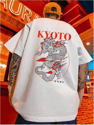 Punix Punıx Büyük Beden Özel Tasarım Kyoto Dragon Sırt Baskılı Japon Stil Erkek Yazlık Battal T-Shırt