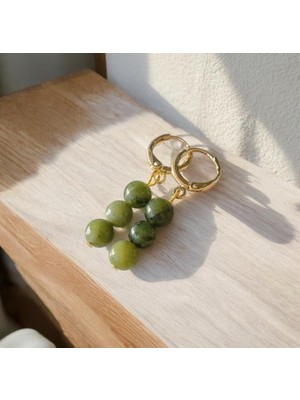 Taşmir Kanada Yeşim Taşı 3 Top Altın Kaplama Küpe