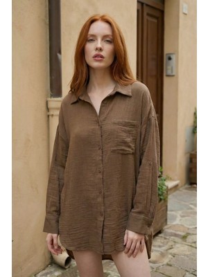 Hiccup Kadın My Fashıon Düğmeli Dokulu Oversize Uzun Gömlek Kahve Kahvesi