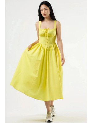 Hiccup Kadınlar BUSEM Düğmeli, Kare Yaka Midi Elbise Limon Sarısı