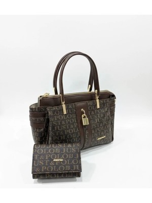 Just Polo Lüks Tasarım Lüks El & Omuz Çantası Gold Detaylı Özel Tasarım Çanta ve Uyumlu Cüzdan 22X28 cm