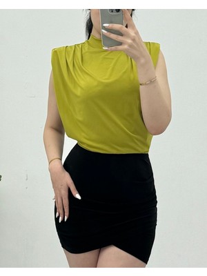 Moda Morfo Sıfır Kol Vatkalı Sandy Bluz -Yağ Yeşili