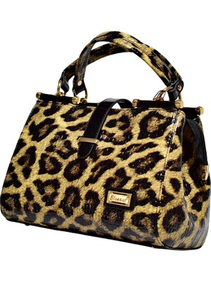 Elegant Leopar Desenli Gold Detaylı Deri Bold Şık Kadın El Çantası ve Omuz Çantası