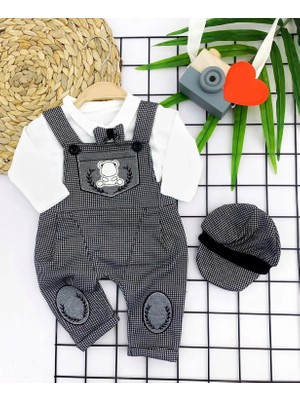 Beruflic 3-6-9-12 Ay Papyonlu Kırçıl Nakış Detaylı Kasket Şapkalı Uzun Kollu 3lü Erkek Bebek Salopet