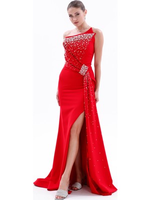 Bdm Exclusive Asimetrik Drape Inci Taş Aplikeli Yırtmaçlı Krep Abiye Elbise