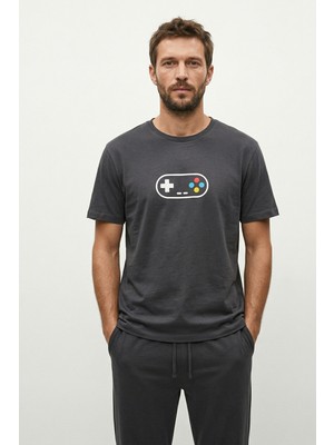 elemge %100 Pamuk Compact Tok Penye Süprem Erkek 2'li Pijama Takımı Rahat Kalıp Kısa Kol Cepli Ipli Antrasit Gamer Baskılı