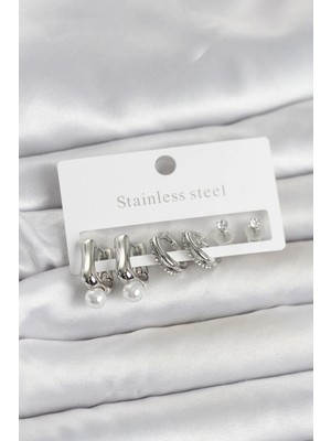 Esranın Dünyası Tegan 316L Çelik Gümüş Renk Kadın Küpe Seti TG27BKP11690 RSTGN34-ESRDNS