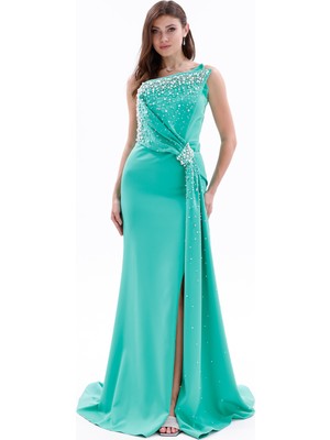 Bdm Exclusive Asimetrik Drape Inci Taş Aplikeli Yırtmaçlı Krep Abiye Elbise