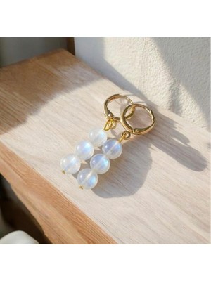 Taşmir Yüksek Kalite Ay Taşı 3 Top Altın Kaplama Küpe