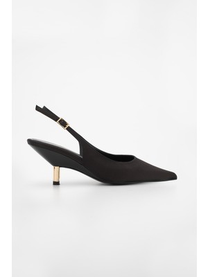 Marjin Kadın Stiletto Sivri Burun Arkası Açık Atkılı Altın Metal Kısa Ökçe Klasik Topuklu Ayakkabı Rente Siyah Saten