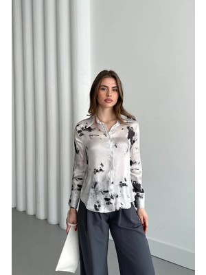 Hiccup Kadınlar MY FASHION Soyut Baskılı Saten Düğmeli Gömlek Siyah