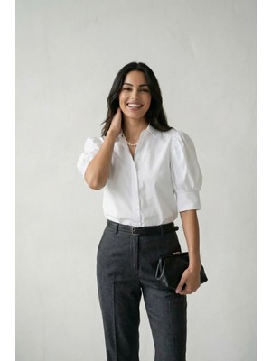 Hiccup Kadınlar MY FASHION Düğmeli Poplin Gömlek, Gömlek Yakalı Beyaz