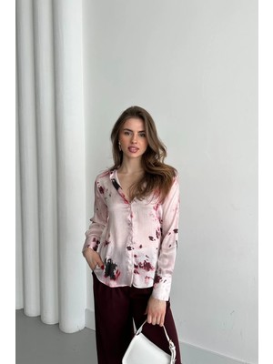 Hiccup Kadınlar MY FASHION Soyut Baskılı Saten Düğmeli Gömlek Allık Pembe