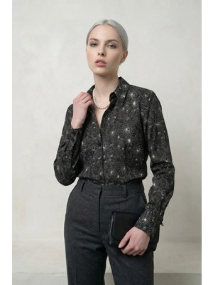 Hiccup Kadın My Fashıon Soyut Desenli Düğmeli Gömlek Siyah