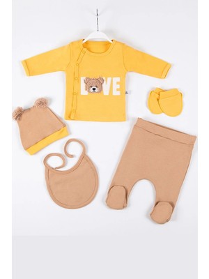 Beruflic Love Bear Nakışlı 5'li % 100 Pamuk Erkek Bebek Hastane Çıkış Seti
