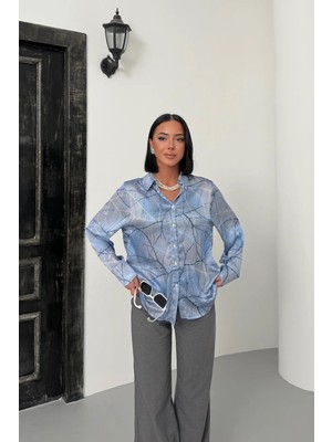 Hiccup Kadınlar MY FASHION Soyut Baskılı Uzun Kollu Gömlek Gök Mavisi