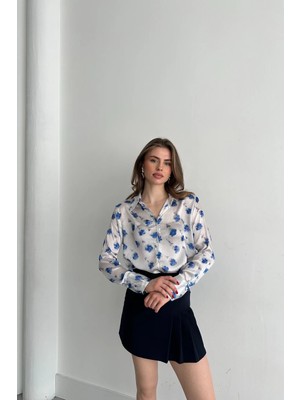 Hiccup Kadın My Fashıon Çiçek Desenli Düğmeli Gömlek Gök Mavisi