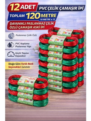 SHC4200 12 Adet Pvc Çelik Çamaşır Ipi 10 Metre Dayanıklı Çelik Özlü Çamaşır Askı Ipi Toplam 120 Metre