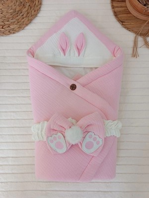 Beruflic Yenidoğan 4 Kat Müslin Kumaş Kulaklı Patili Fiyonk Bebek Battaniyesi Kundak Pembe