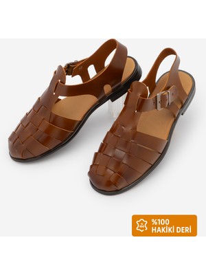 Marjin Kadın Hakiki Deri Bilekten Bantlı Tokalı Önü Kapalı Şeritli Günlük Sandalet Talviro Taba