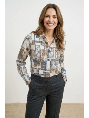 Hiccup Kadınlar MY FASHION Geometrik Desenli Düğmeli Gömlek Oxford Mavisi