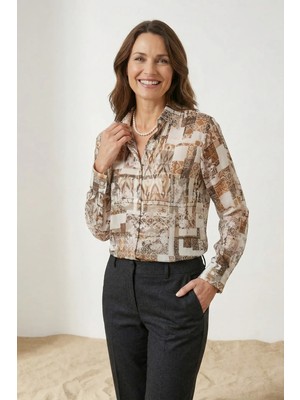 Hiccup Kadın My Fashıon Geometrik Desenli Düğmeli Gömlek Deve Kahvesi
