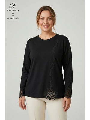 Ravencia Kadın Dantelli Sarmal Şerit Desenli Nakış Işlemeli Taşlı Yırtmaçlı Likralı Anne Penye Bluz