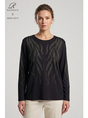 Ravencia Kadın Sarmal Çubuk Desenli Yaka ve Etek Taşlı Işlemeli Yırtmaçlı Likralı Anne Penye Bluz